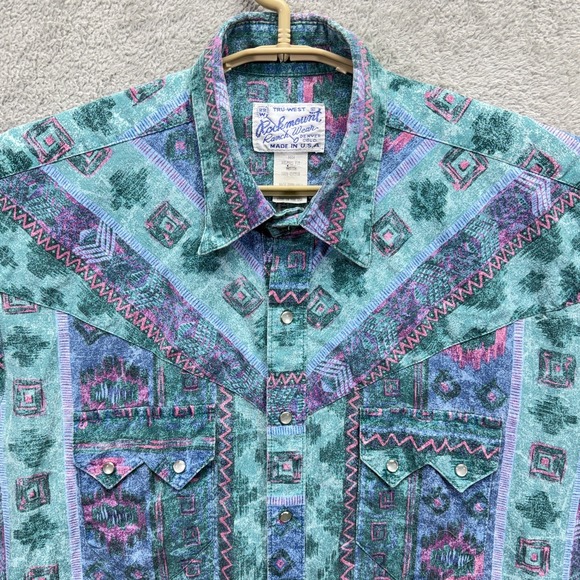 VTG Rockmount Ranch Wear Shirt Men Medium Green Aztec Pearl Snap Western Relaxed - Picture 2 of 7